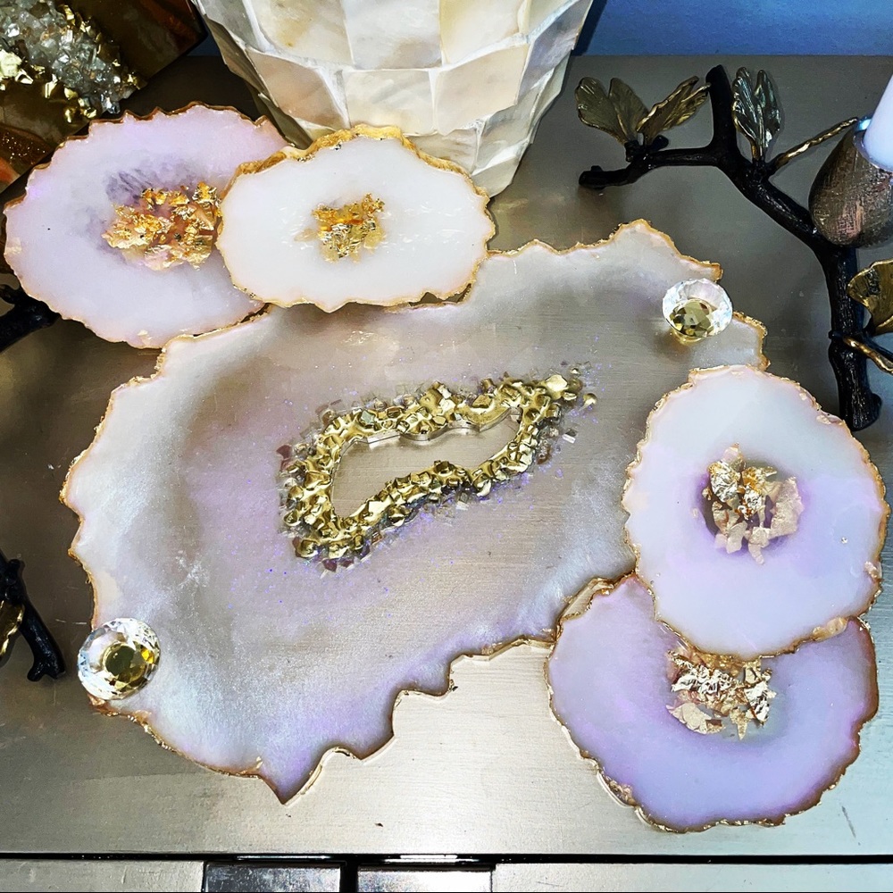 HANDMADE RESIN GEODE AGATE TRAY & COASTER SET HOLOGRAPHIC PINK AND GOLD